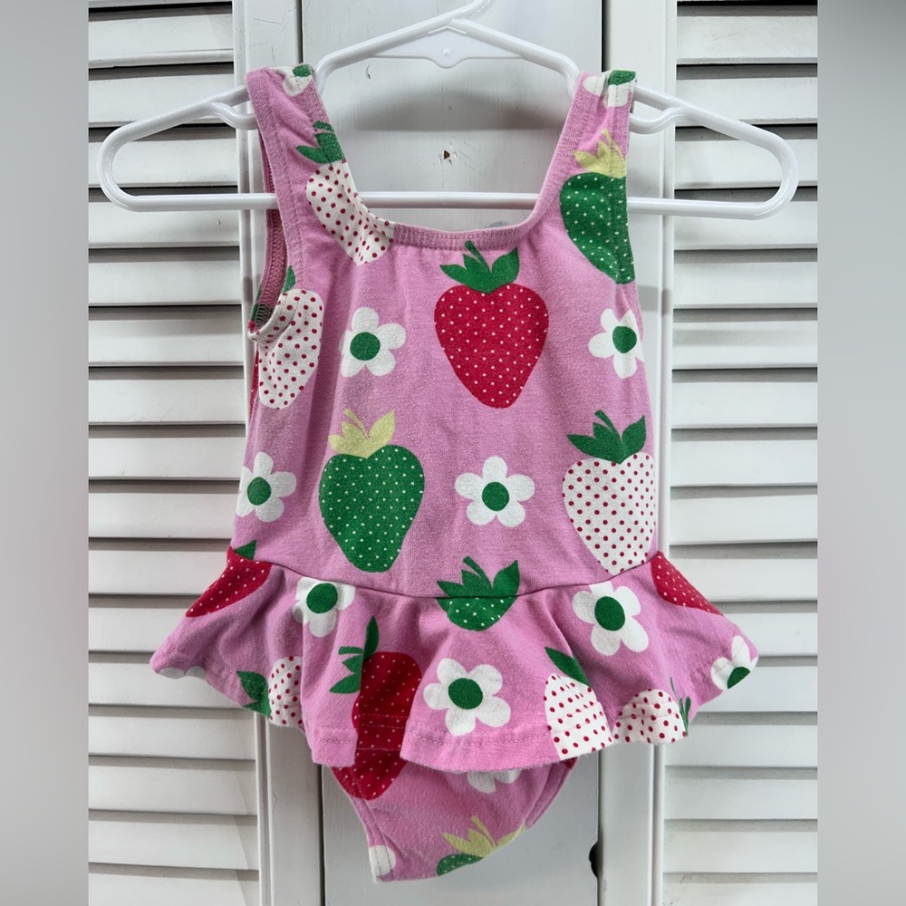 Mini boden size 6-12 M pink Strawberry Print Ruffle swim suit